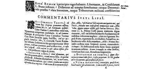 début du commentaire de Lipse au livre I des Annales dans l’édition Pierre Chevalier de 1608 début du commentaire de Lipse au livre I des Annales dans l’édition Pierre Chevalier de 1608